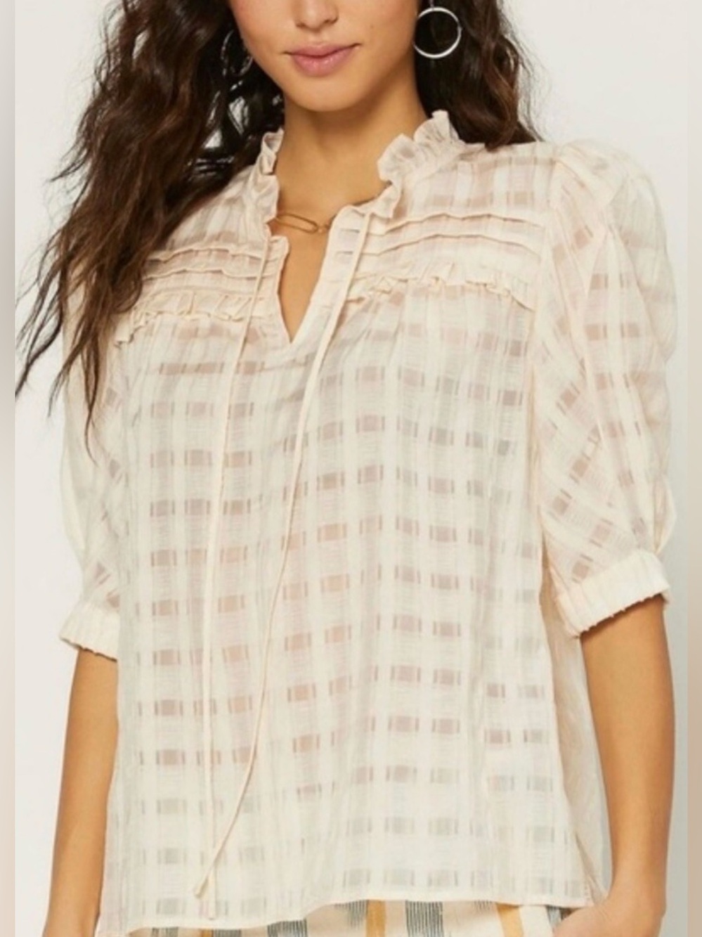 Current Air Ivory Plaid Ruffle-Neck Sheer Blouse Medium